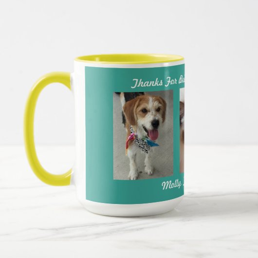 名前とメッセージ付きのペット写真3枚 マグカップ (左)