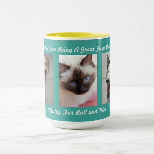 名前とメッセージ付きの3つのペットの写真 マグカップ (中央)