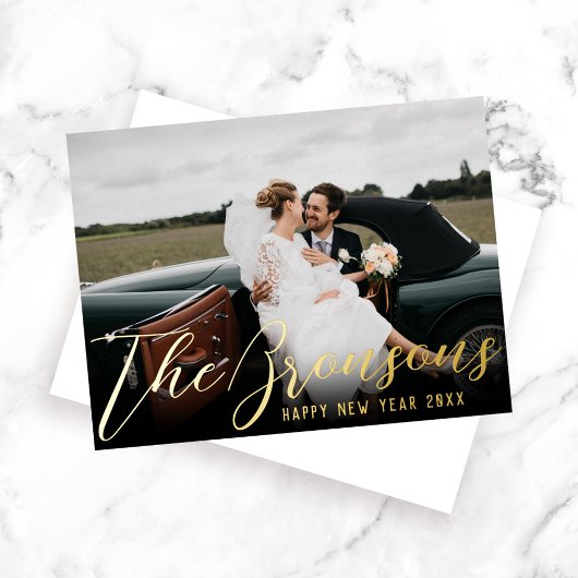 名前とメッセージHappy New Year写真金ゴールド 箔シーズンポストカード