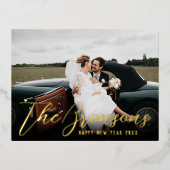 名前とメッセージHappy New Year写真金ゴールド 箔シーズンポストカード (正面)