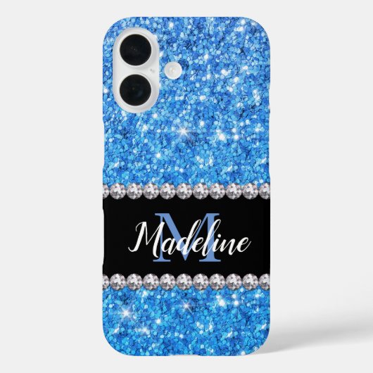 名前とモノグラムとスパークルブルーグリッター&宝石 Case-Mate iPhoneケース (裏面)