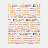 名前とモノグラムのコラージュを持つ黄色のオレンジ色のフクロウ フリースブランケット (正面)