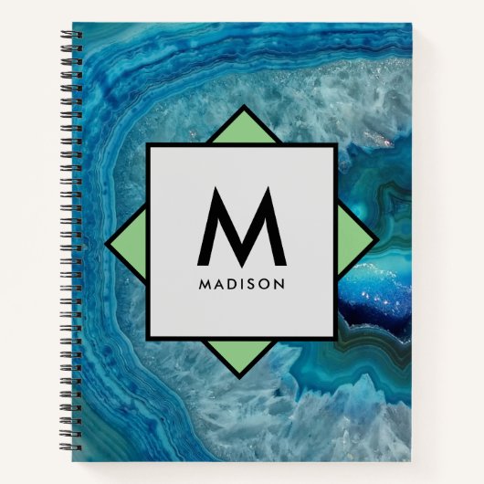 名前とモノグラムを付けた青いアゲイト ノートブック (正面)