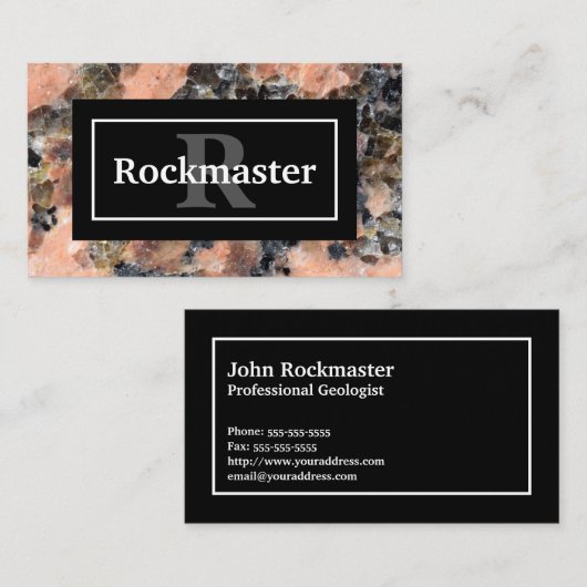 名前とモノグラム付きピンク花崗岩のテクスチャ 名刺 (正面/裏面)