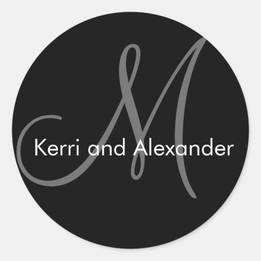 名前とモノグラム結婚のステッカー黒グレー ラウンドシール (正面)