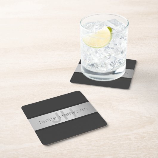 名前とモノグラム |グレーフェイクズ&シルバールック スクエアペーパーコースター (インサイチュ)