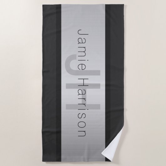 名前とモノグラム |グレーフェイクズ&シルバールック ビーチタオル (正面)