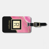 名前とモノグラム、ブラック&金ゴールドボックス、ピンク瑪瑙 ラゲッジタグ (正面横)