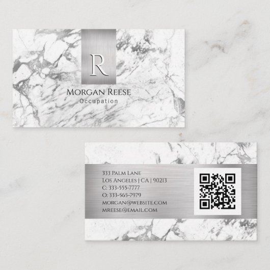 名前とモノグラム、QRコード、白と灰色の大理石 名刺 (正面/裏面)