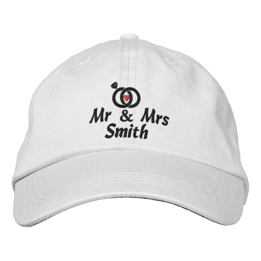 名前とリングや輪結婚の花嫁モダン 刺繍入りキャップ (正面)