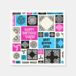 名前と人間関係の追加誕生日マゼンタとブルー スタンダードカクテルナプキン