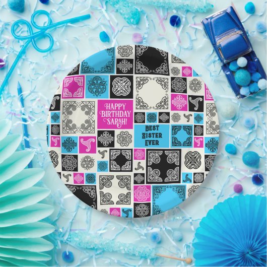 名前と人間関係の追加誕生日マゼンタとブルー ペーパープレート (パーティー)