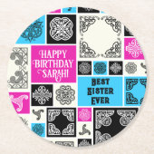 名前と人間関係の追加誕生日マゼンタとブルー ラウンドペーパーコースター (正面)