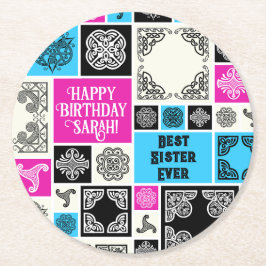 名前と人間関係の追加誕生日マゼンタとブルー ラウンドペーパーコースター