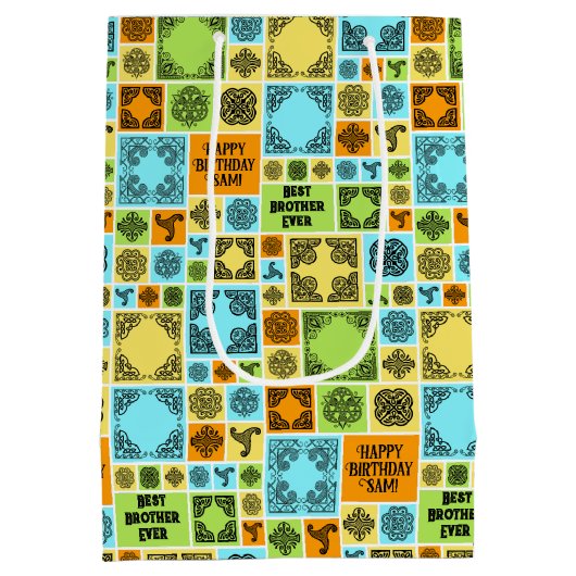 名前と人間関係誕生日オレンジと緑の追加 ミディアムペーパーバッグ (裏面)