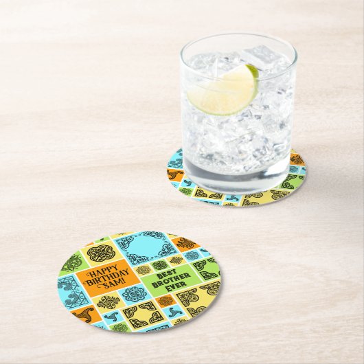 名前と人間関係誕生日オレンジと緑の追加 ラウンドペーパーコースター (インサイチュ)