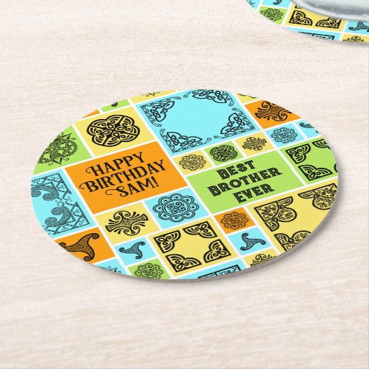 名前と人間関係誕生日オレンジと緑の追加 ラウンドペーパーコースター (アングル)