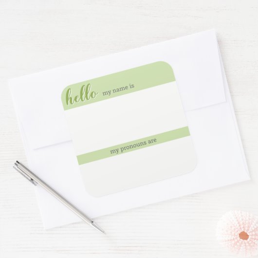 名前と代名詞ラベル – 緑の四角 スクエアシール (封筒)