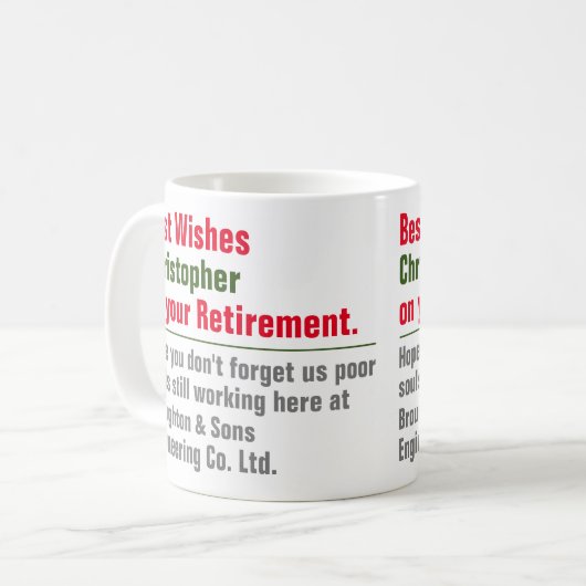 名前と個人メッセージ付きリタイアマグ コーヒーマグカップ (正面左)