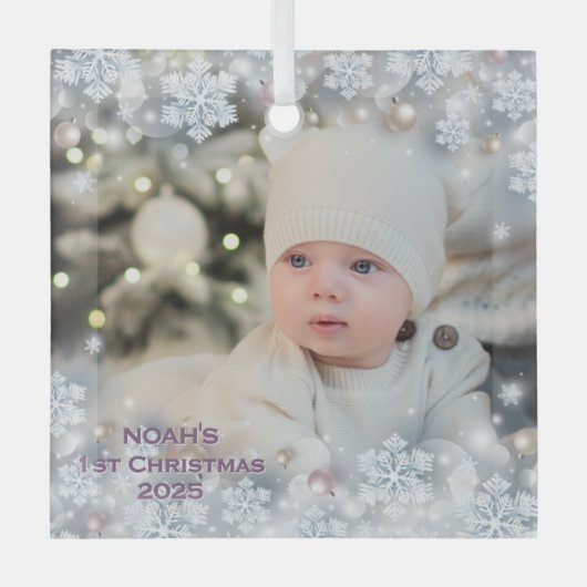 名前と写真のパーソナライズベビーの初めてのクリスマス3 ガラスオーナメント (正面)