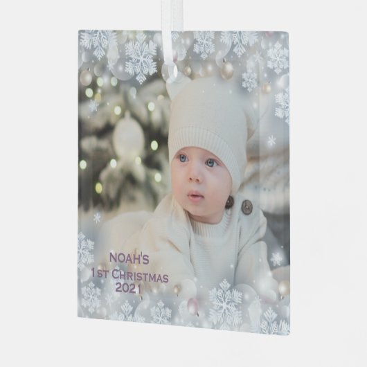 名前と写真のパーソナライズベビーの初めてのクリスマス3 ガラスオーナメント (正面左)