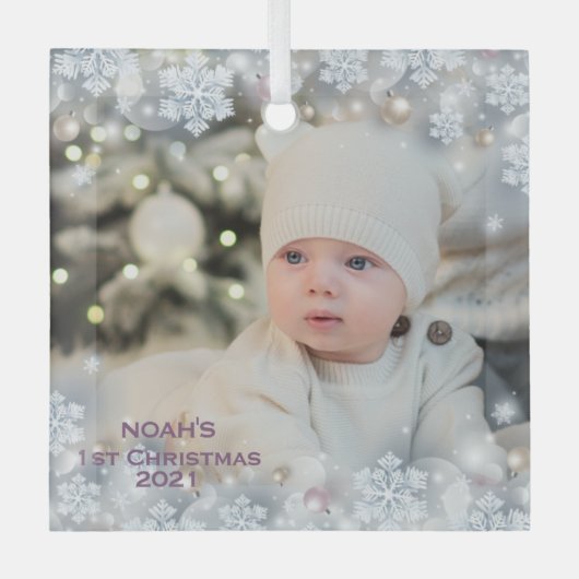 名前と写真のパーソナライズベビーの初めてのクリスマス3 ガラスオーナメント (正面)