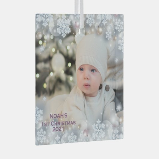 名前と写真のパーソナライズベビーの初めてのクリスマス3 ガラスオーナメント (正面右)