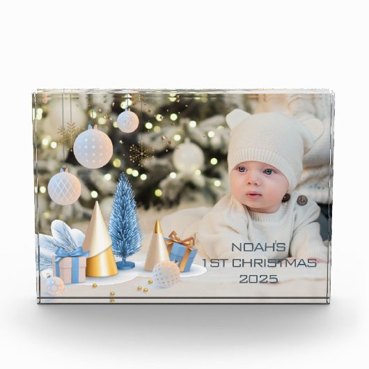 名前と写真のパーソナライズベビーの初めてのクリスマス9 フォトブロック (正面)