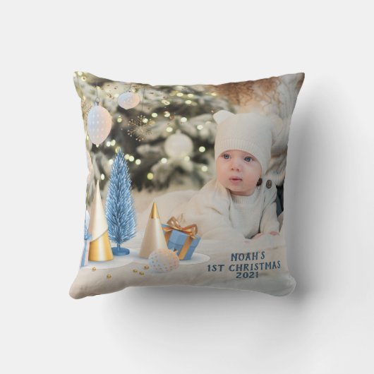 名前と写真のパーソナライズベビーの最初のクリスマス クッション (裏面)