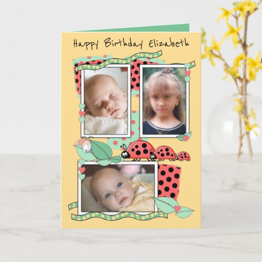 名前と写真の挨拶の可愛いラディバード カード (黄色い花)