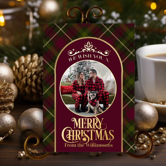名前と写真クリスマス付きブルゴーニュ&グリーンプレイド 箔シーズンカード
