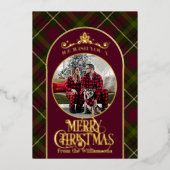 名前と写真クリスマス付きブルゴーニュ&グリーンプレイド 箔シーズンカード (正面)
