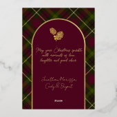 名前と写真クリスマス付きブルゴーニュ&グリーンプレイド 箔シーズンカード (裏面)