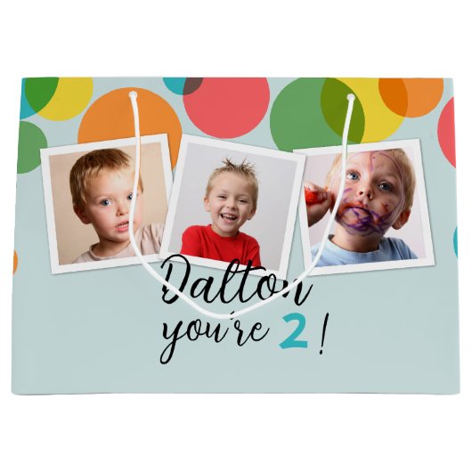 名前と写真ボーイズ誕生日 パーソナライズされた ラージペーパーバッグ (正面)