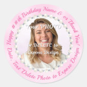 名前と写真付きのピンクのハッピーバースデーシール ラウンドシール (正面)