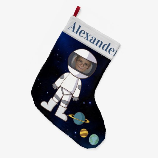 名前と写真 宇宙飛行士 宇宙空間  ラージクリスマスストッキング (正面 (吊り時))