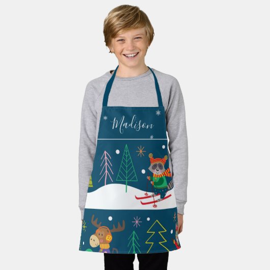 名前と可愛い動物の冬のホリデー印刷 エプロン (着用した状態)
