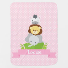 名前と名前入りなジャングルのベビーブランケットのピンク