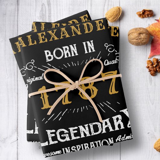 名前と年のヴィンテージ黒金ゴールドの追加 ラッピングペーパーシート