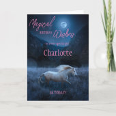 名前と年齢の付いた白いユニコーンガール誕生日カード カード (正面)