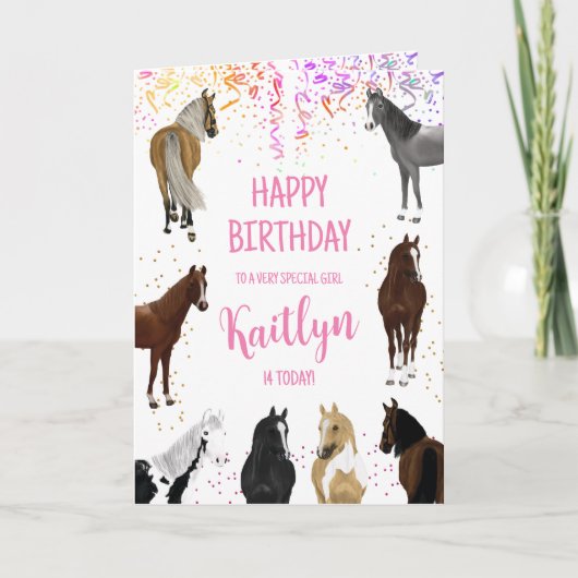 名前と年齢の馬の女の子の誕生日カード カード (正面)