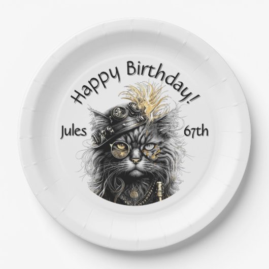 名前と年齢入り スチームパンク風 猫 誕生日 ペーパープレート (正面)