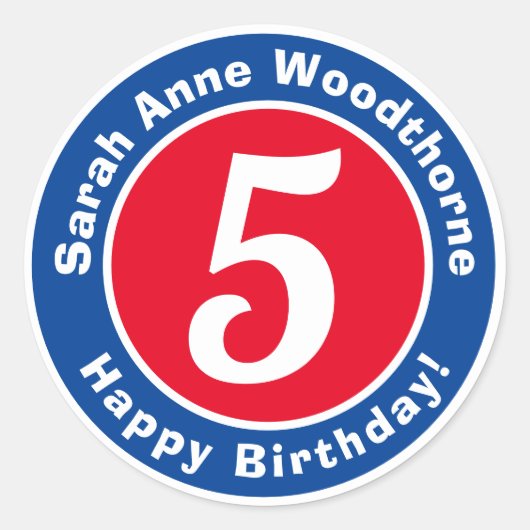 名前と年齢5のハッピーバースデー ラウンドシール (正面)