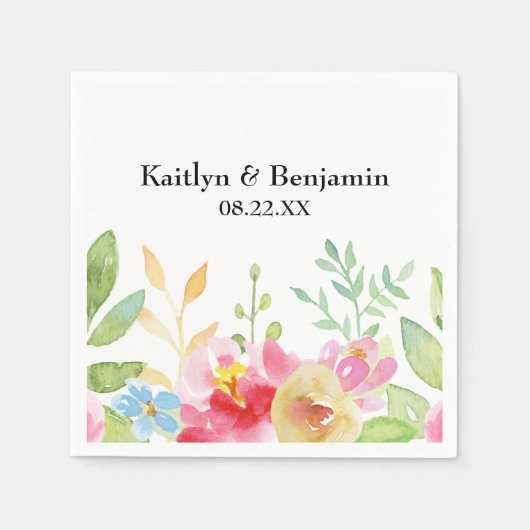名前と日付と水カラフル色の花 スタンダードカクテルナプキン (正面)