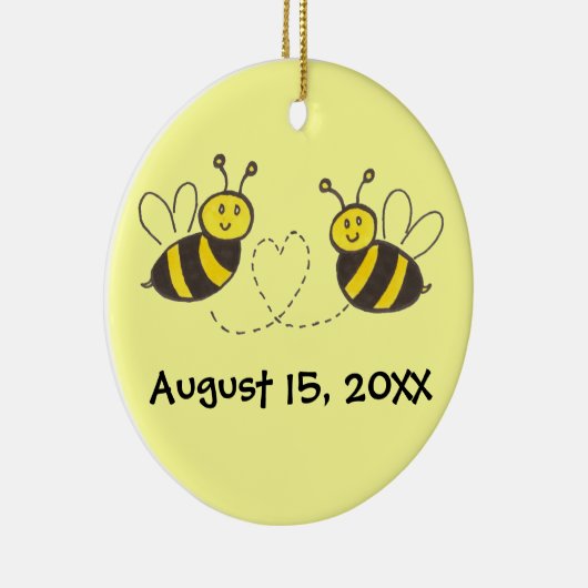 名前と日付のハートを持つミツバチ セラミックオーナメント (右)
