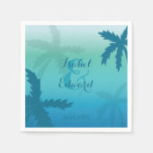 名前と日付の付いたアクアブルー結婚ヤシ スタンダードカクテルナプキン (正面)