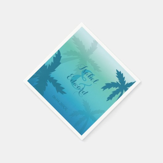 名前と日付の付いたアクアブルー結婚ヤシ スタンダードカクテルナプキン (角)