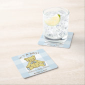 名前と日付の付いた赤ちゃんシャワー少年クマ スクエアペーパーコースター (インサイチュ)