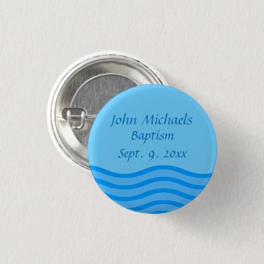 名前と日付の水グラフィックとバプテスマのボタン 缶バッジ (正面&裏面)