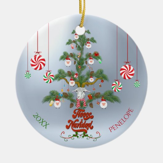 名前と日付の追加フリースNavidad Sheep Christmas T セラミックオーナメント (正面)